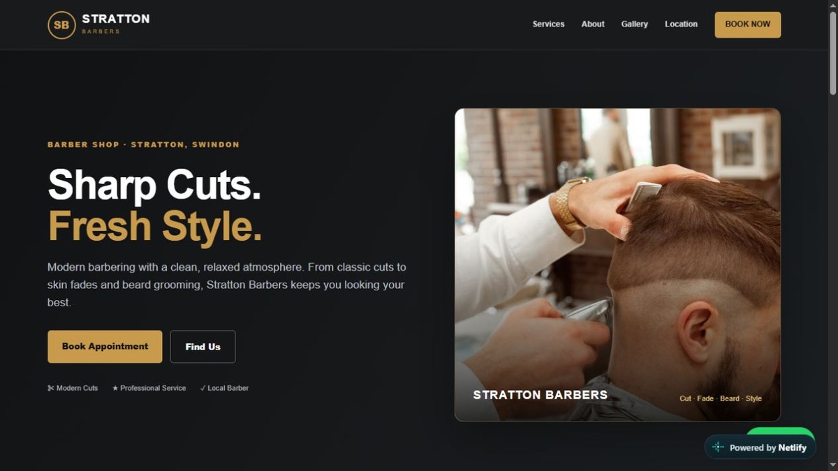 Stratton Barbers website homepage preview